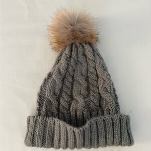 Surell  Gray Cable Knit Beanie with Faux Fur Pom